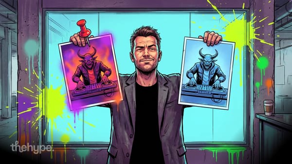 Comic-style man holding up two prints of a horned DJ monster, one purple and orange, one blue, against a teal window