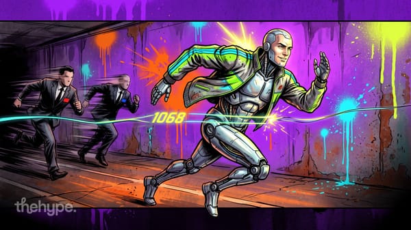 Silver robot in a green track jacket outruns two men in suits past a glowing 1068 line, for Inception's Mercury 3