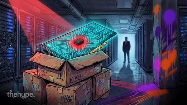 Illustration of a glowing GPU board with a red-lit chip in an open shipping box, a man in a suit in a dark data center aisle