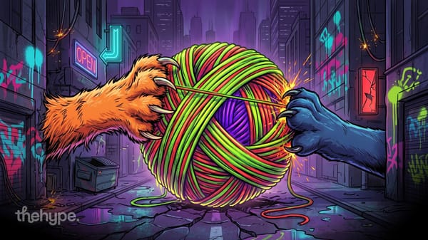 Illustration of a ginger cat paw and a blue cat paw clawing at a huge neon ball of yarn in a graffiti city alley