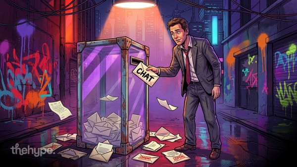 Man drops a CHAT envelope into a glass mailbox as opened letters spill onto the street, for leaked Meta Muse shared chats