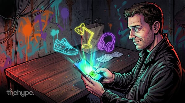 Man taps a green checkmark on his phone as a neon sneaker, lamp and headphones float above it, for Meta Muse shopping