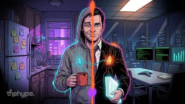 Man split between a hoodie in a home kitchen and a suit in an office, two glowing crystals linked, for Meta Muse Wonder