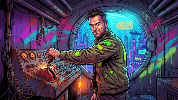 Illustrated submarine pilot pulling a lever by a porthole, an underwater neon city and a $0.21 price tag outside