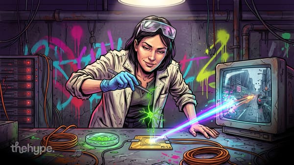 mischief 1 video model on openrouter: a lab scientist lifts a glowing neuron over a chip that streams video to an old monitor