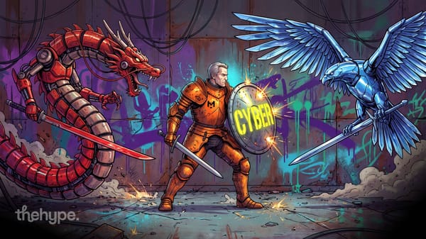 Knight in orange armor with a Mistral logo and a CYBER shield between a red robot dragon and a blue robot eagle