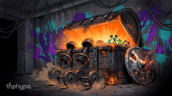 Comic iron chest glowing orange, spilling dumbbells as small robots lift them, a scorched shield beside it
