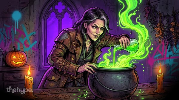 Comic-style witch pouring green potion into a bubbling cauldron by a gothic window, with a jack-o'-lantern and candles