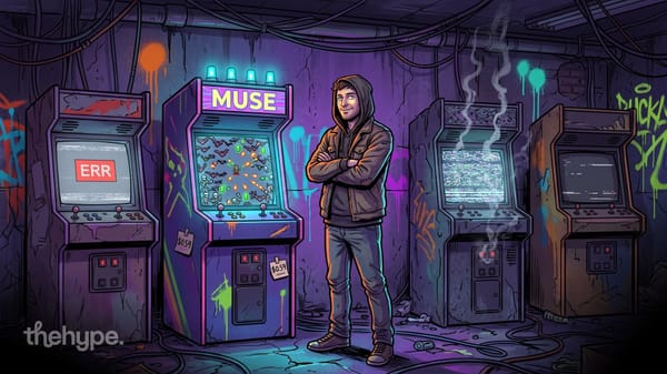 Comic-style man in a hoodie beside a glowing MUSE arcade machine full of pixel monsters, next to three broken arcade cabinets