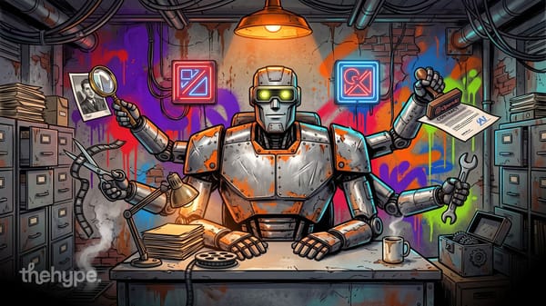 Six-armed robot at a desk holds a magnifier, scissors with film, a stamped contract and a wrench, like a multimodal AI agent