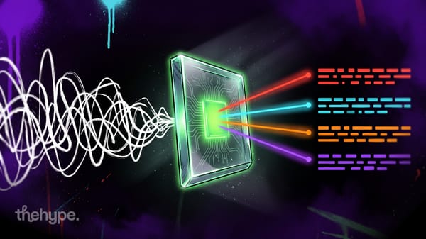 Illustration of tangled white sound waves passing through a glowing green chip and splitting into four colored lines of text