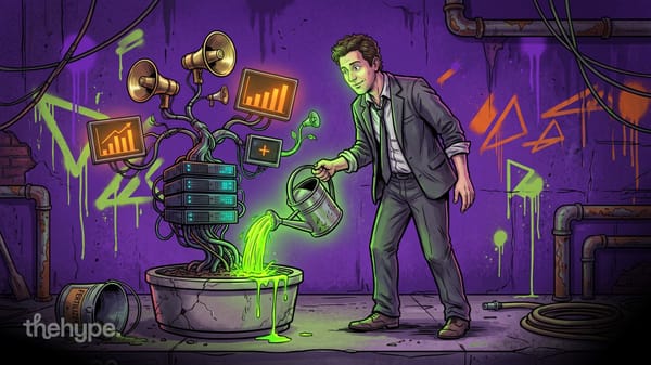 Man waters a potted tree of servers sprouting megaphones and growth charts with glowing green liquid, for Okara AI CMO v4