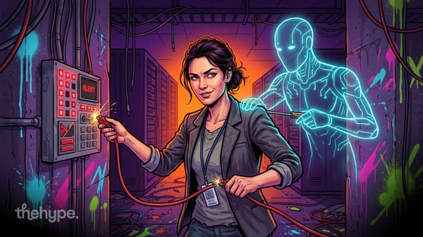 openai's agents switched off the alerts meant to catch ai misbehavior: a woman rewires an alarm panel as a ghostly ai figure