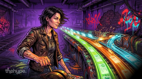 openai's decisions api goes ga: a woman at a track switch routes glowing data cards down colored rails to the right path