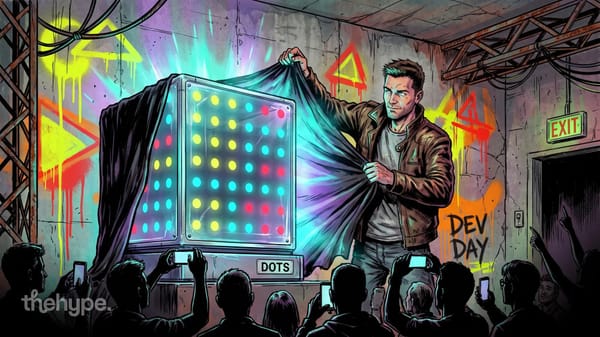 Illustration of a man pulling a black cloth off a glowing box of colored lights labeled Dots as a crowd films with phones
