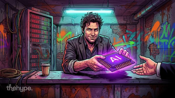 openai goes shopping for google's ai chips: a shady dealer in a basement hands a glowing ai chip to a reaching suited hand