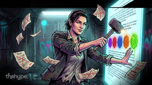 openai's model spec rewrite: a woman swings a hammer at five glowing value seals on a document while old crossed-out rules