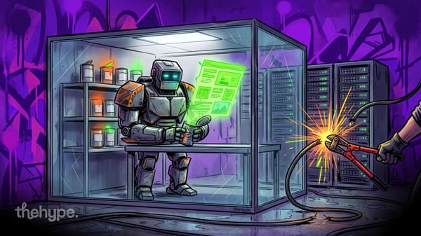 Robot in a glass cube reads a web page from a tin can as a hand cuts a sparking cable, for OpenAI's offline training