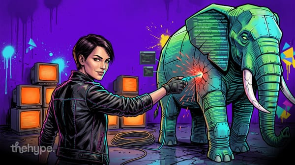 openai's ai finds critical php flaws on 70% of sites: a woman in a leather jacket probes a cracked armored elephant of code