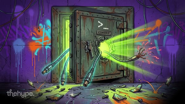 Rusted vault door marked CONSOLE blasted open, green light and torn cables spilling out, a nod to the OpenCode Console breach