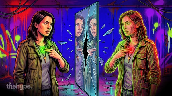 Illustrated woman facing her wireframe double across a cracked mirror, both pointing at a glowing cursor on their chest