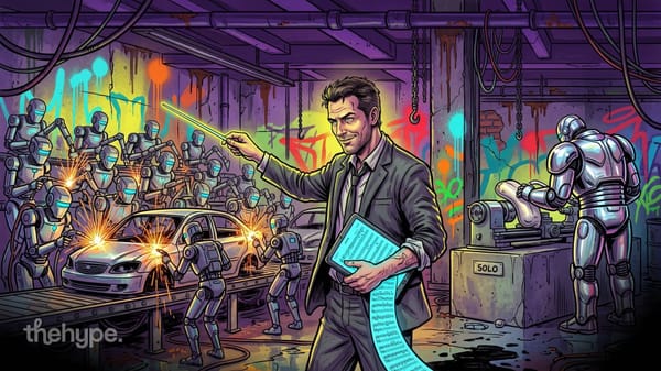 Comic-style man with a baton conducting a crew of robots welding a car, while a single robot works alone at a SOLO lathe