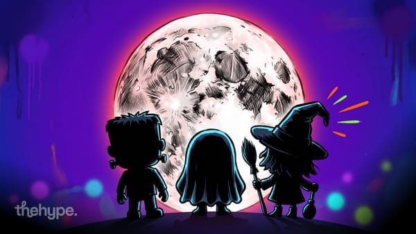 Illustrated silhouettes of Frankenstein, a ghost and a witch with a broom looking up at a huge full moon on Halloween night