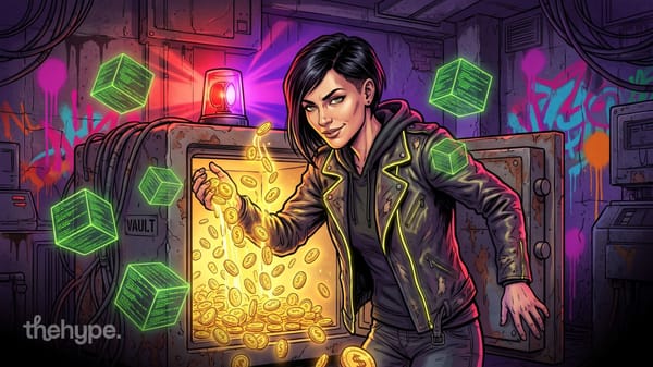 Illustration of a smiling thief in a leather jacket pouring gold coins from an open vault, with glowing code cubes around her