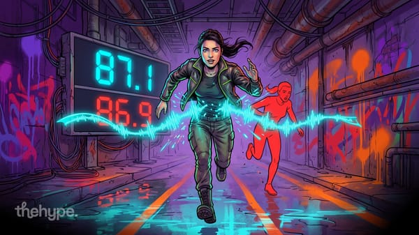 phonic 1 edges out grok voice 3.0 by 0.2 points: a woman sprints ahead of a red rival, a voice waveform and 87.1 vs 96.9