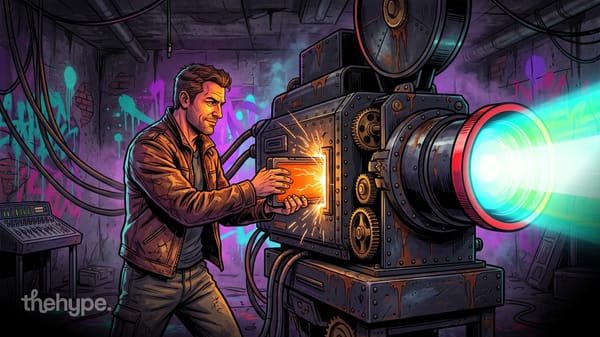 Comic-style man in a leather jacket slots a glowing orange cartridge into a giant iron film projector beaming teal light