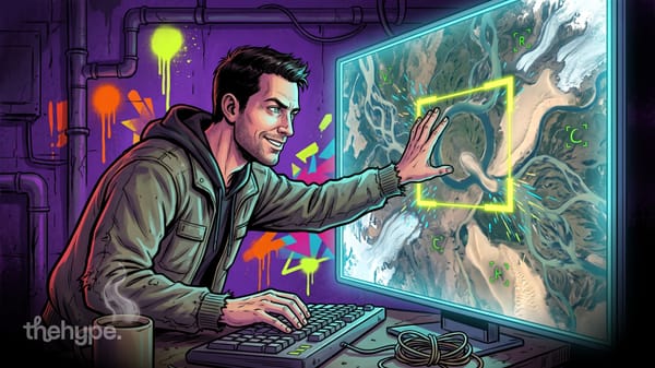 qwen embedding search of 20m satellite patches in a weekend: a dev highlights a letter hidden in river terrain on a monitor