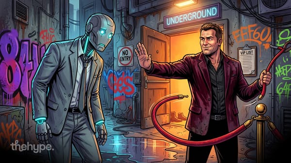 A bouncer waves a robot in a suit away from an Underground door with a No Entry sign, for the r/opensource AI ban