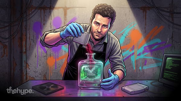 Illustration of a man in lab gloves pouring a game cartridge into a glass bottle shaped like a TV with a foggy town