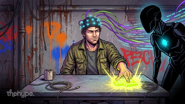 Sabi's $50M bet on thought-to-text: a man in an EEG cap presses Enter while an AI figure reads his thoughts as code