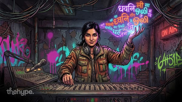 Woman at a radio mixing desk in headphones, glowing Devanagari letters rising from her hand, for Sarvam Bulbul V4 Flash