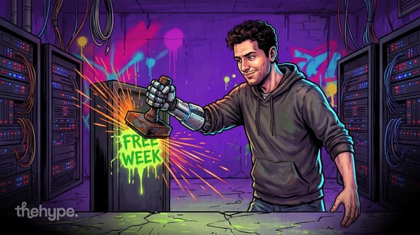 Man with a robotic arm stamps "FREE WEEK" in green spray paint on a server cabinet in a graffiti-covered server room