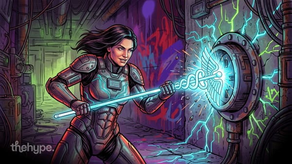 Woman in armor drives a glowing winged caduceus staff into a vault door in a graffiti basement, a nod to Hermes Agent