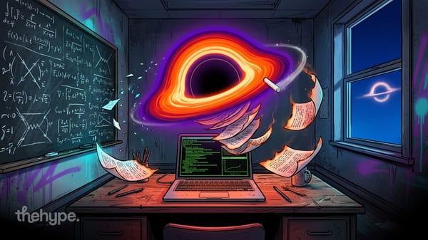 Comic-style night office: chalkboard of equations, a laptop with code and a chart, and a glowing black hole above it