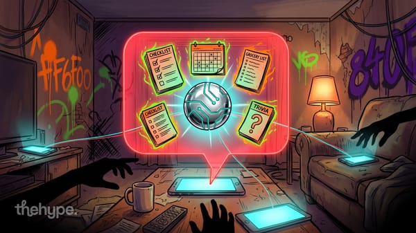 A glowing red chat bubble with checklist, calendar, grocery list and trivia cards around a silver AI orb, wired to phones